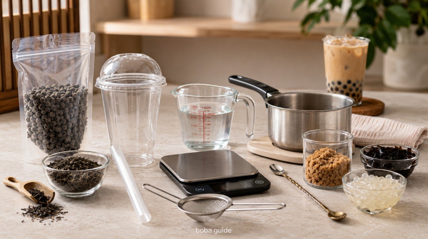 Essential boba supplies including tapioca pearls, tea, wide straws, measuring tools and a cooking pot