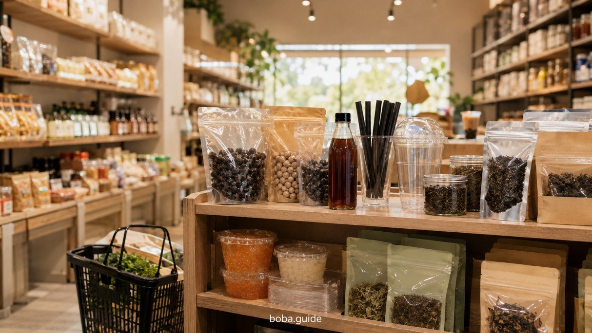 Boba supplies on shelves in a local Asian grocery store with tapioca pearls, tea, syrups, cups and wide straws