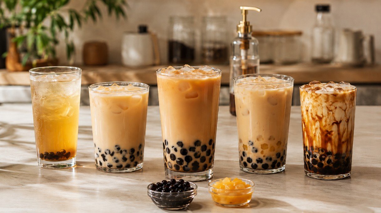 Bubble tea drinks showing different sweetness styles with tea, milk, syrup and sweet toppings