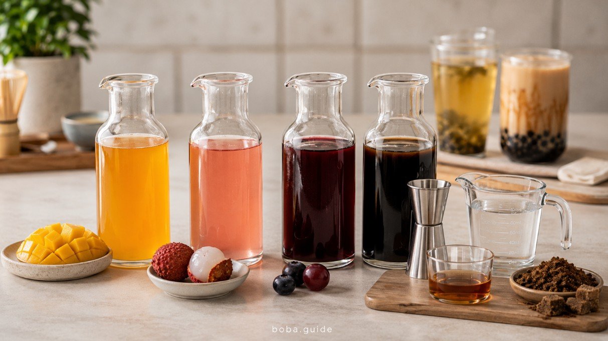 Different boba syrups compared including fruit syrups and brown sugar syrup with measured serving portions