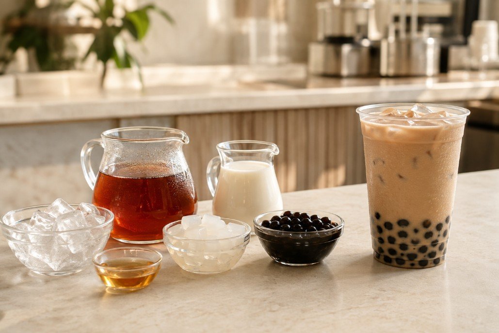 Bubble tea ingredient anatomy showing tea, milk, flavor, sweetener, ice and toppings