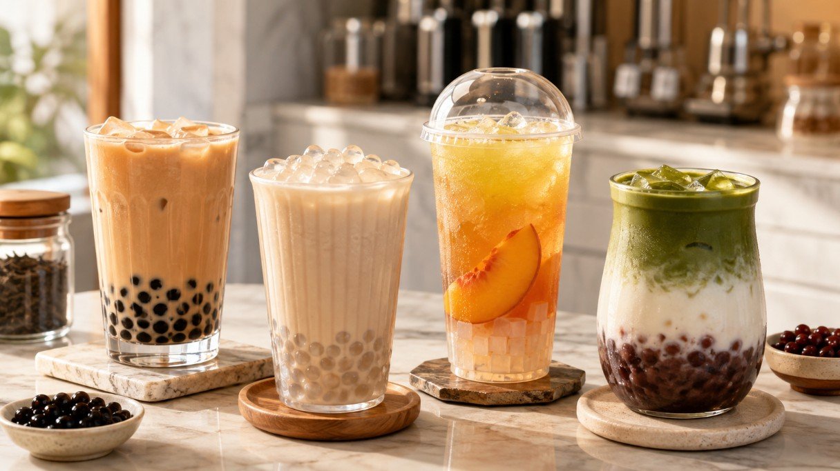 A premium editorial lineup of different boba tea drinks showing milk tea, fruit tea, matcha and brown sugar styles