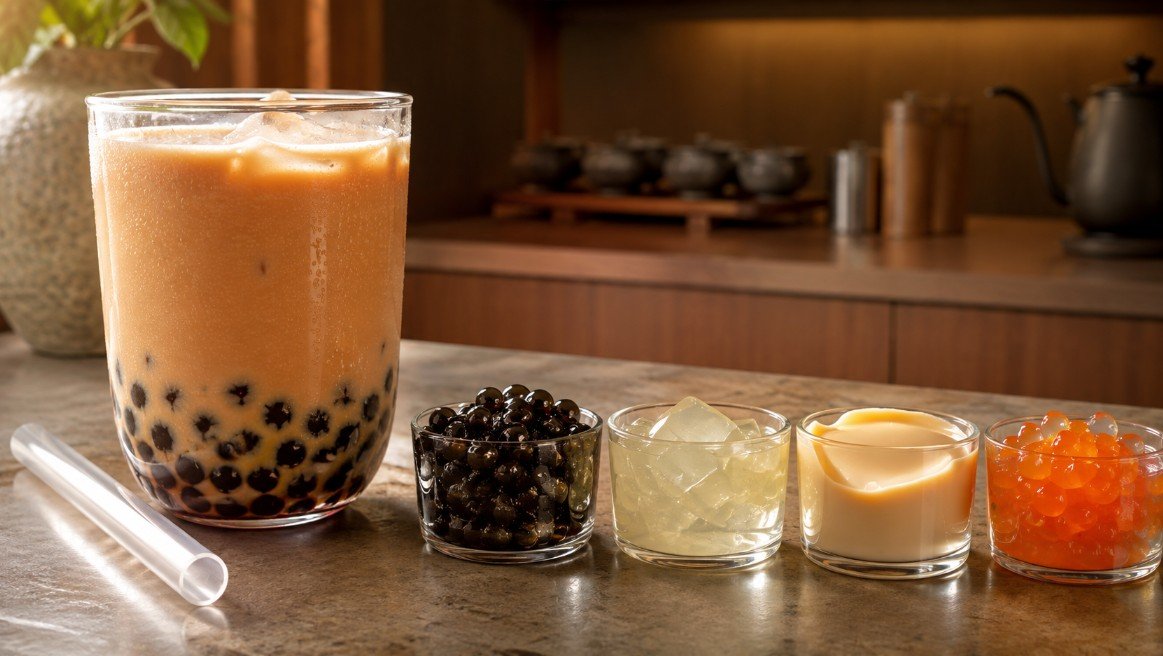 Boba texture guide showing milk tea with tapioca pearls, aloe vera, tea pudding and popping boba.