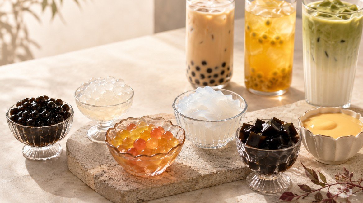 Tapioca pearls, crystal boba, popping boba, coconut jelly, grass jelly and pudding showing different chewy, bouncy, slippery and creamy textures.
