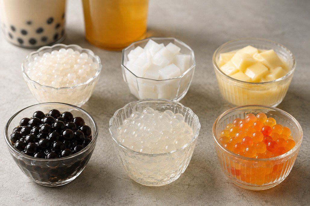 Tapioca pearls, crystal boba, popping boba, sago, coconut jelly and pudding compared side by side