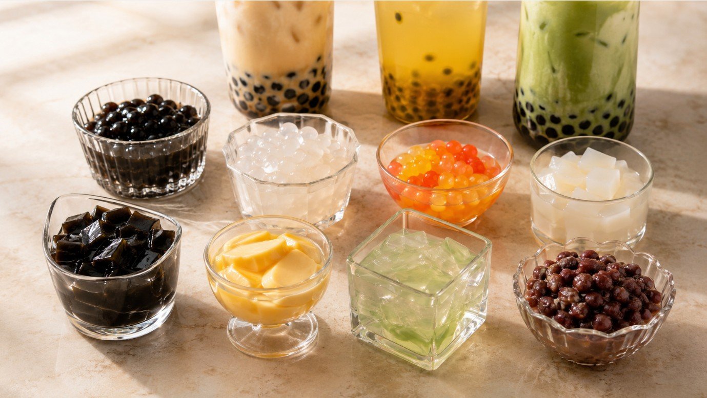 Complete guide to popular boba toppings including tapioca pearls, crystal boba, popping boba, jelly, pudding, aloe and red beans