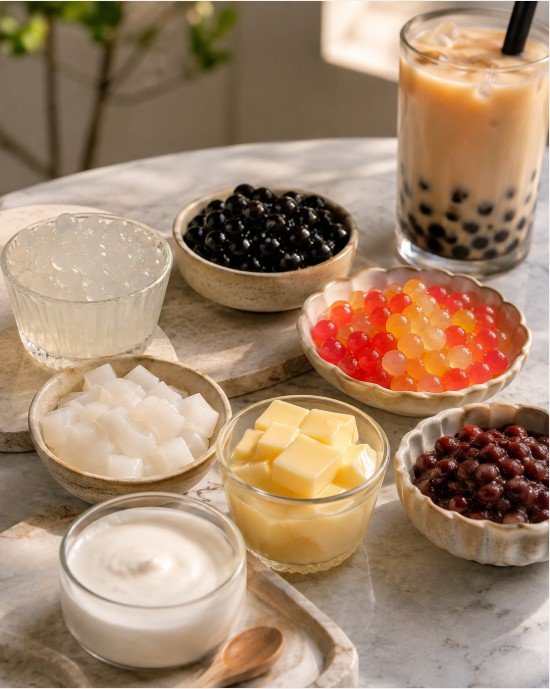 Tapioca pearls, crystal boba, popping boba, jelly and pudding toppings