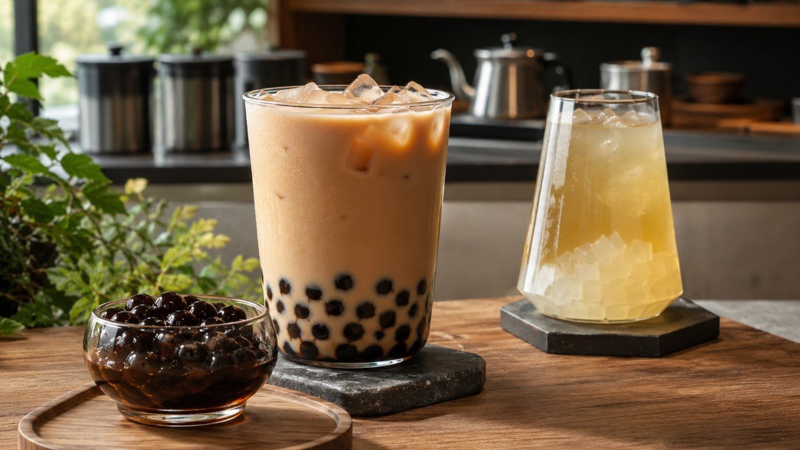 Pearl milk tea, cooked tapioca pearls and a non-tapioca bubble tea drink showing the difference between boba and bubble tea.