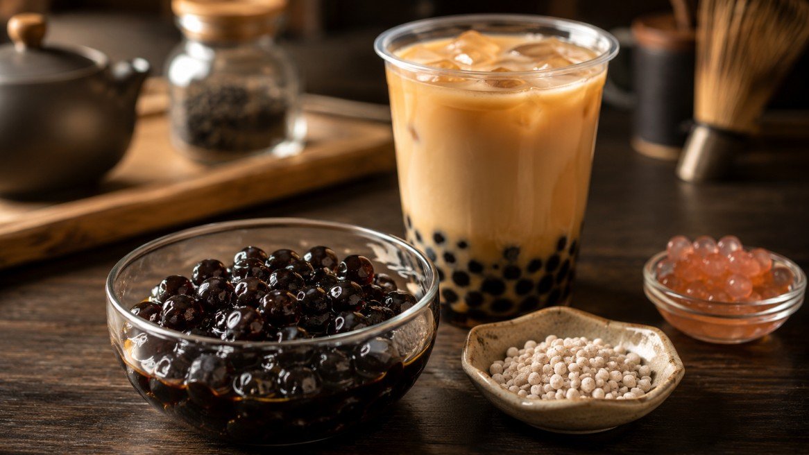 Cooked black tapioca pearls, a pearl milk tea and a small sample of popping boba showing the difference between boba and tapioca pearls.