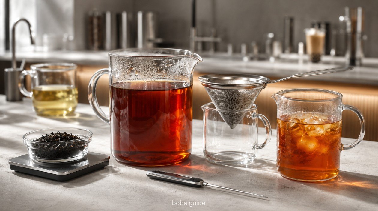 Strong black tea and lighter green tea being brewed, strained and cooled for bubble tea