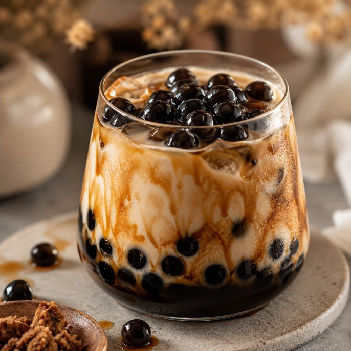 Brown sugar milk tea with glossy tapioca pearls