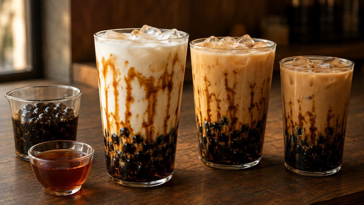 Brown sugar boba tea with caramelized tapioca pearls, tiger-style brown sugar syrup, fresh milk and tea-based milk tea variations.