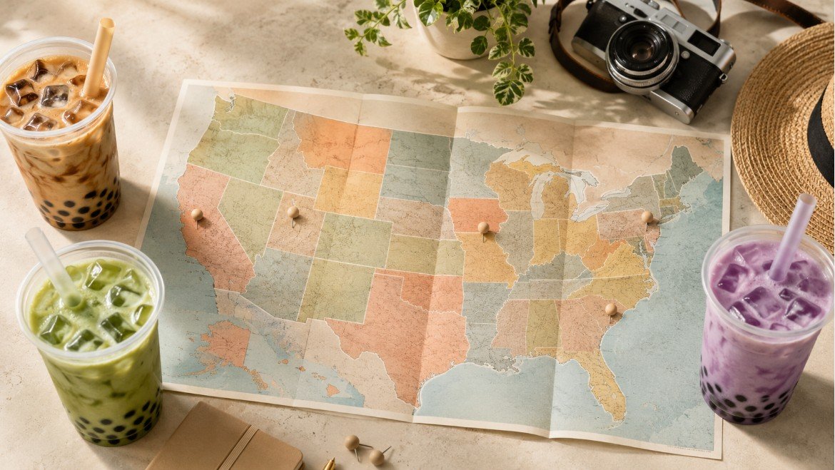Bubble tea drinks arranged beside a travel map for browsing boba by state