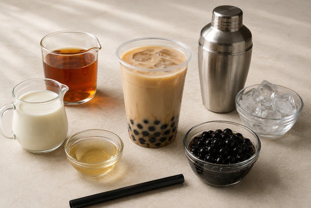 Brewed tea, milk, sweetener, ice and tapioca pearls used to build bubble tea