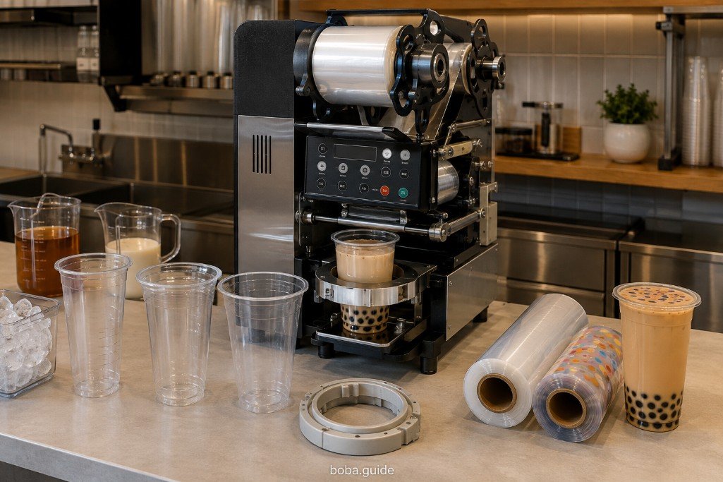 Bubble tea cup sealing machine with different cup rim sizes, sealing film rolls and a finished sealed boba drink