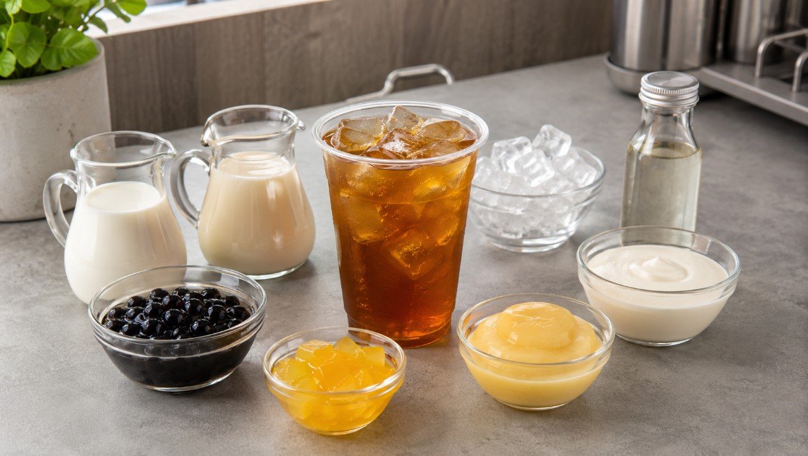 Bubble tea customization options including milk, plant milk, pearls, jelly, pudding, foam, syrup and ice