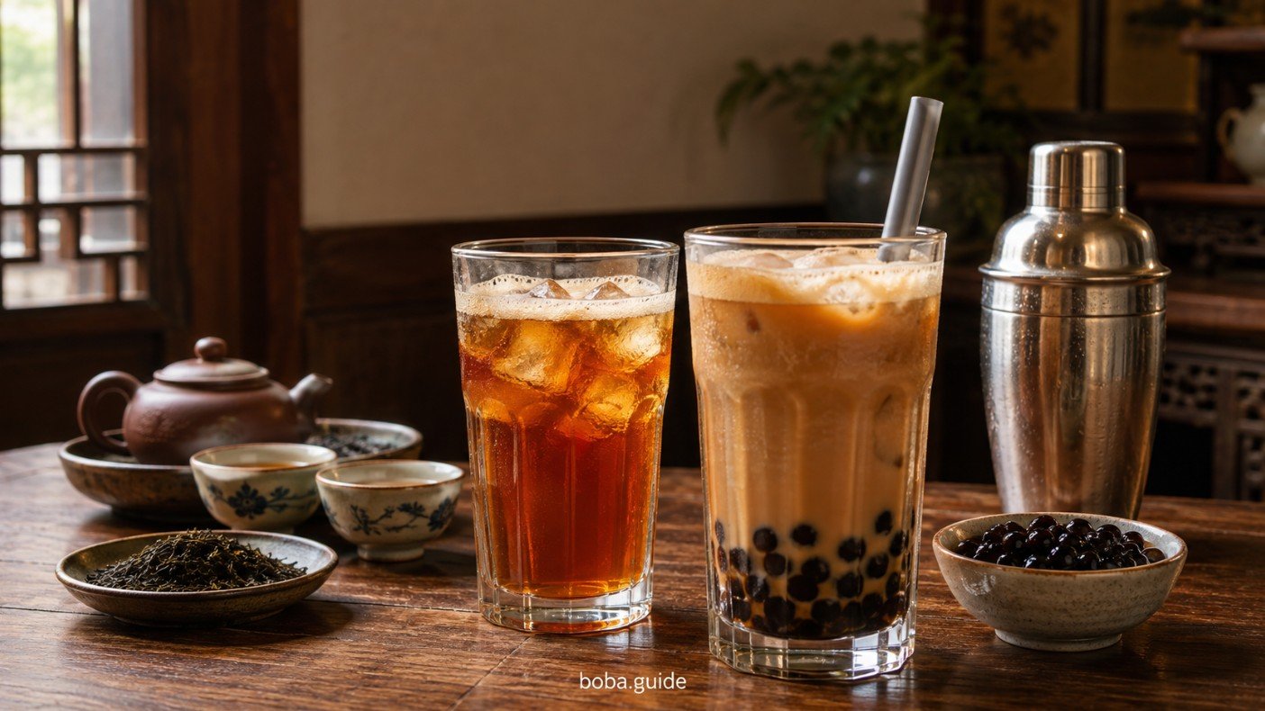 Taiwanese tea, shaken iced tea and pearl milk tea illustrating the history of bubble tea