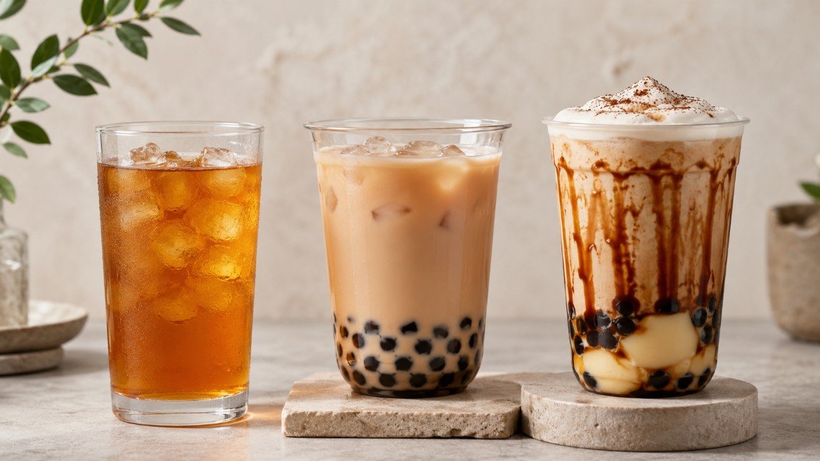 Three bubble tea drinks showing how milk, sugar and toppings change nutrition