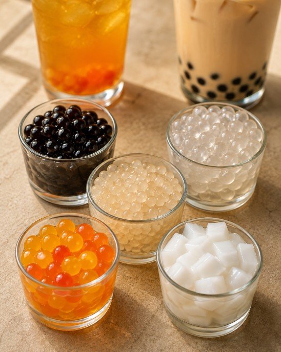 Tapioca pearls, crystal boba, sago, popping boba and jelly compared by texture