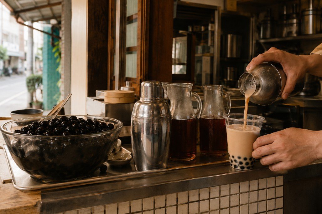 Taiwanese tea shop counter with brewed tea, shaker and fresh tapioca pearls
