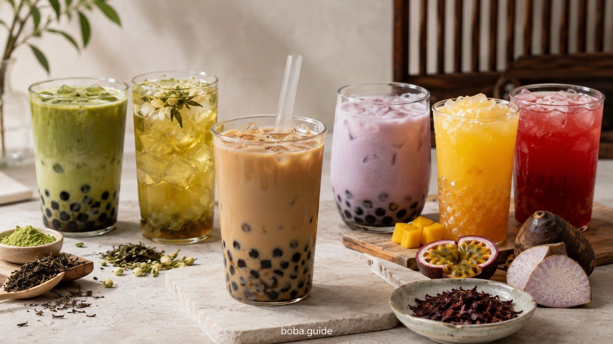 Caffeinated tea-based boba drinks compared with caffeine-free fruit, taro and herbal boba options