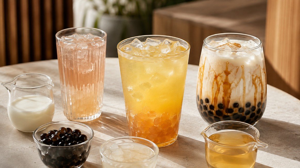Caffeine-free boba with fruit drink, brown sugar fresh milk, herbal infusion and tapioca pearls