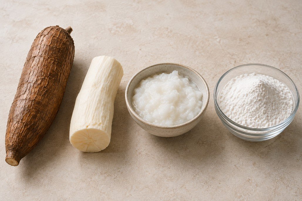 Cassava root, peeled cassava and processed tapioca starch shown as the source of traditional boba pearls
