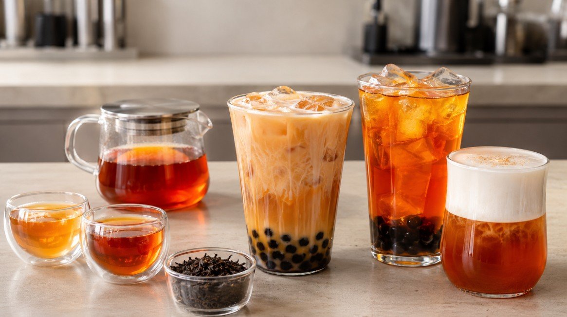 Ceylon tea boba with bright black tea, milk tea, tapioca pearls and milk foam
