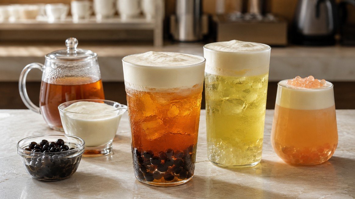 Cheese foam boba with roasted oolong tea, jasmine tea and fruit tea topped with creamy cheese foam and boba toppings.