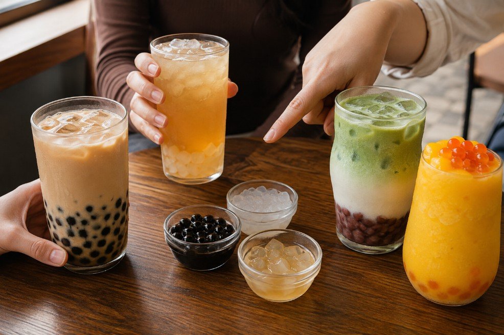 Different boba drinks showing creamy, fruity, earthy and refreshing flavor directions
