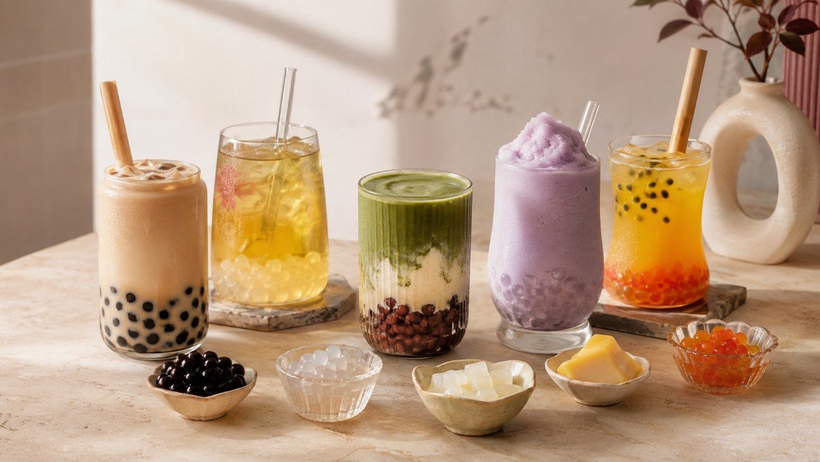 Five different boba drinks with tapioca pearls, crystal boba, jelly, pudding and popping boba for choosing by taste and texture