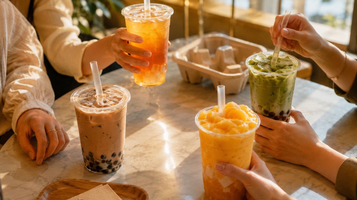 Different people choosing milk tea, fruit tea, matcha fresh milk and mango slush