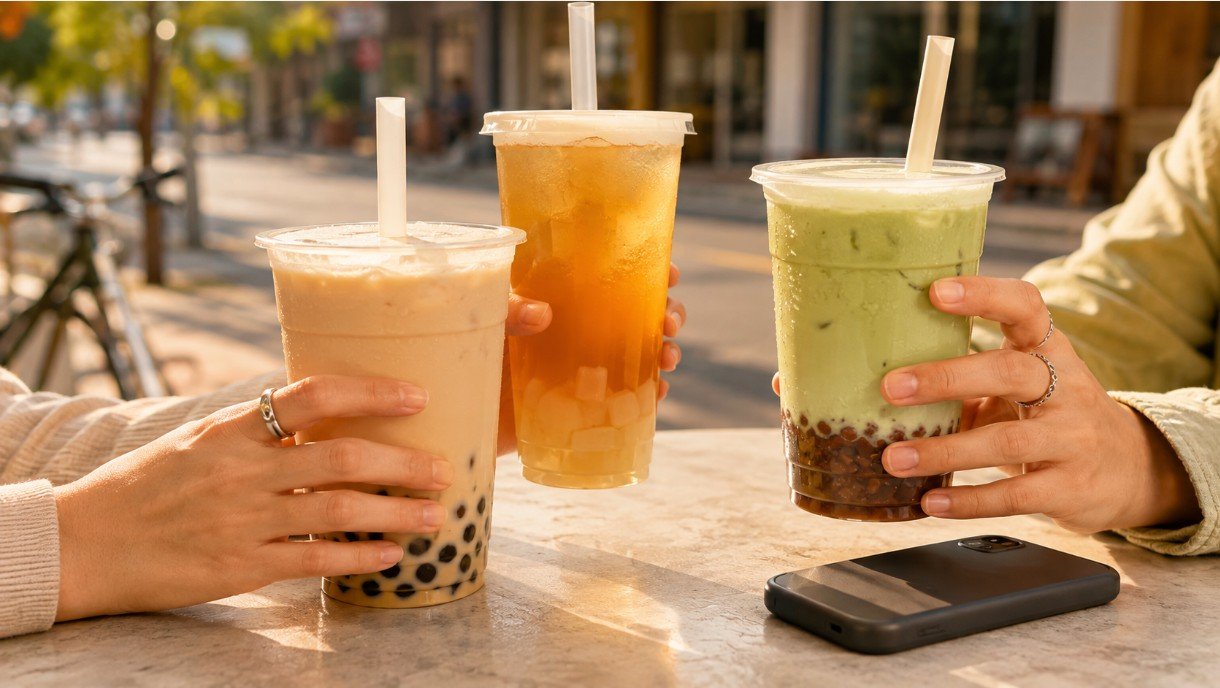 Friends comparing different drinks after finding a neighborhood boba shop