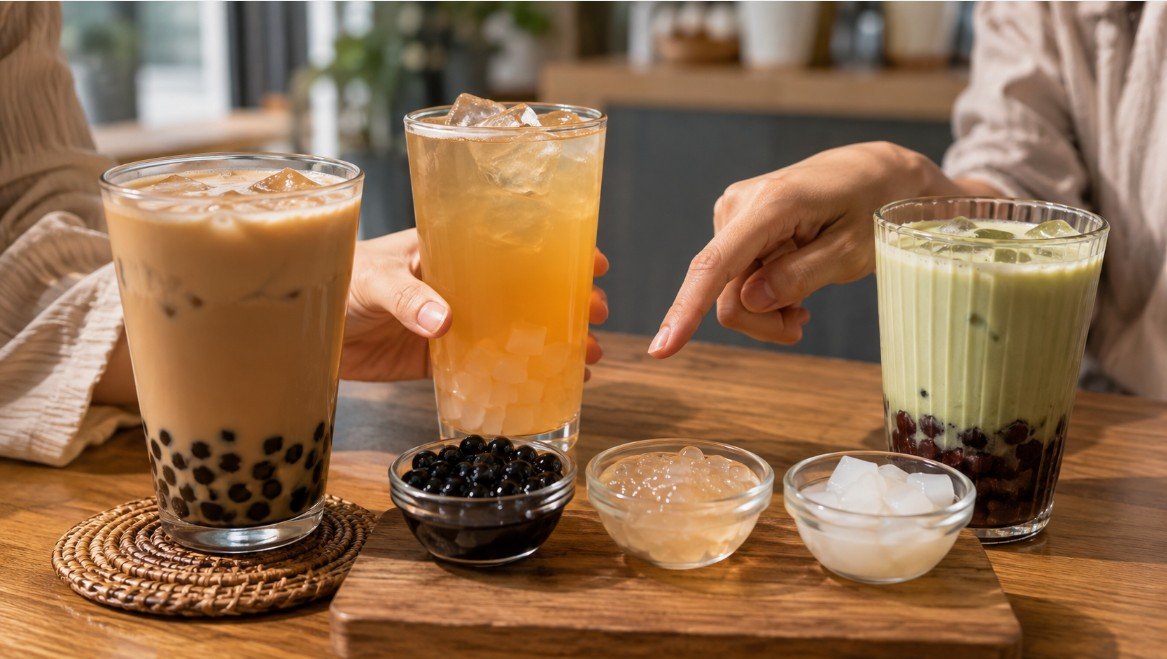 A customer comparing roasted oolong, peach jasmine and matcha boba with different topping textures