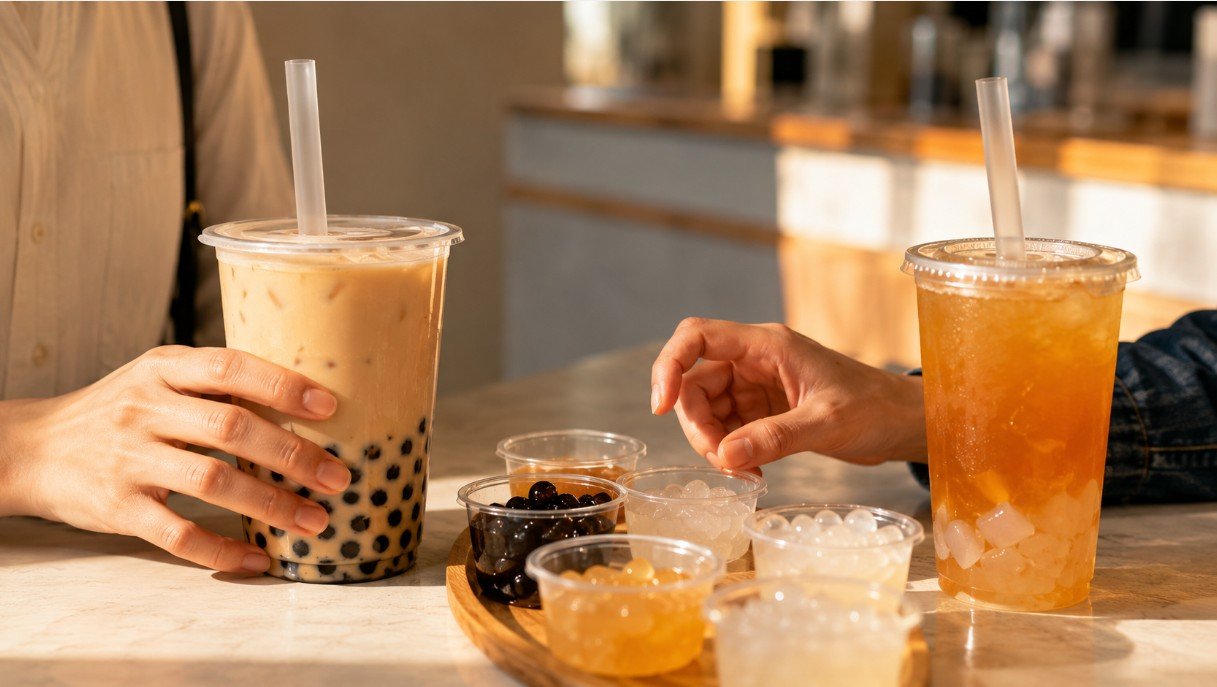 A customer comparing toppings and ingredients while choosing between milk tea and fruit tea at a boba shop