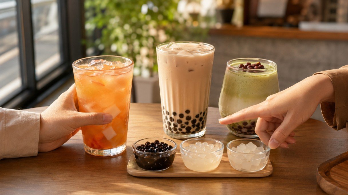 Hands comparing different boba tea drinks and toppings by flavor and texture