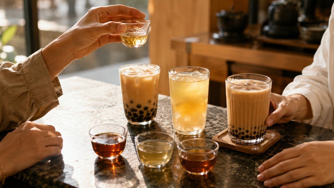 Customer comparing black tea, jasmine tea and roasted oolong before choosing a boba drink