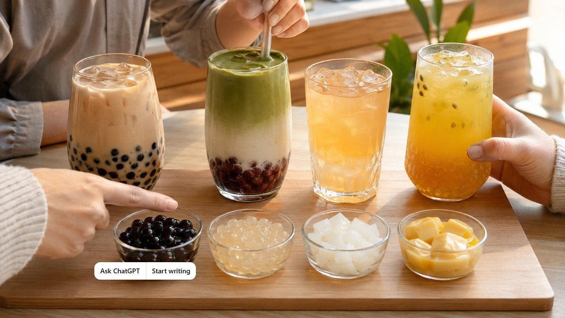 People comparing boba toppings by drink type and texture before choosing an order