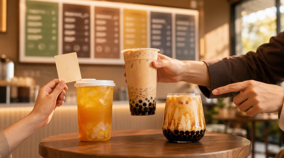 Customer comparing jasmine fruit tea, roasted oolong milk tea and brown sugar fresh milk on a boba menu