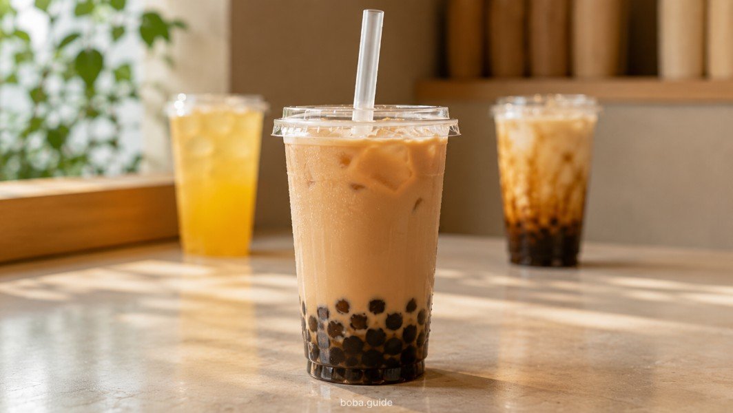Classic black milk tea with tapioca pearls as a recognizable first bubble tea order for beginners