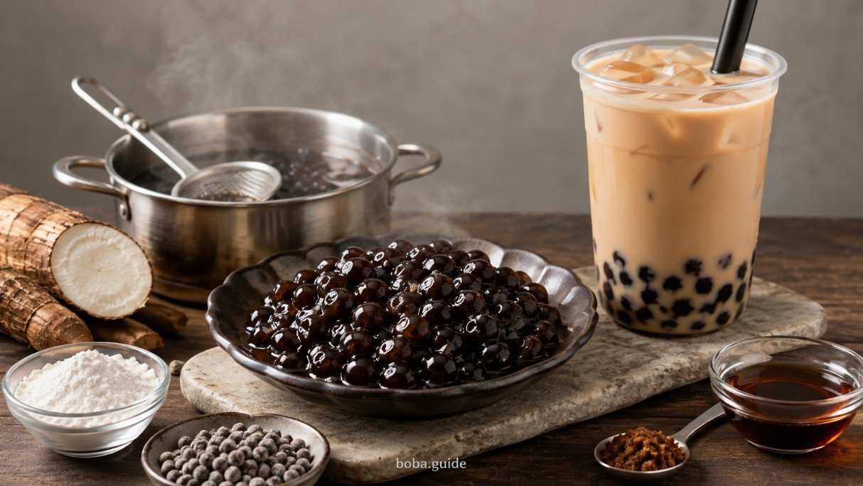 Cooked black tapioca pearls with dry pearls, tapioca starch and classic milk tea for bubble tea