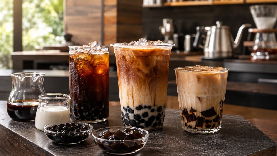 Coffee boba with iced milk coffee, black tapioca pearls, dark iced coffee and a creamy coffee-jelly variation.