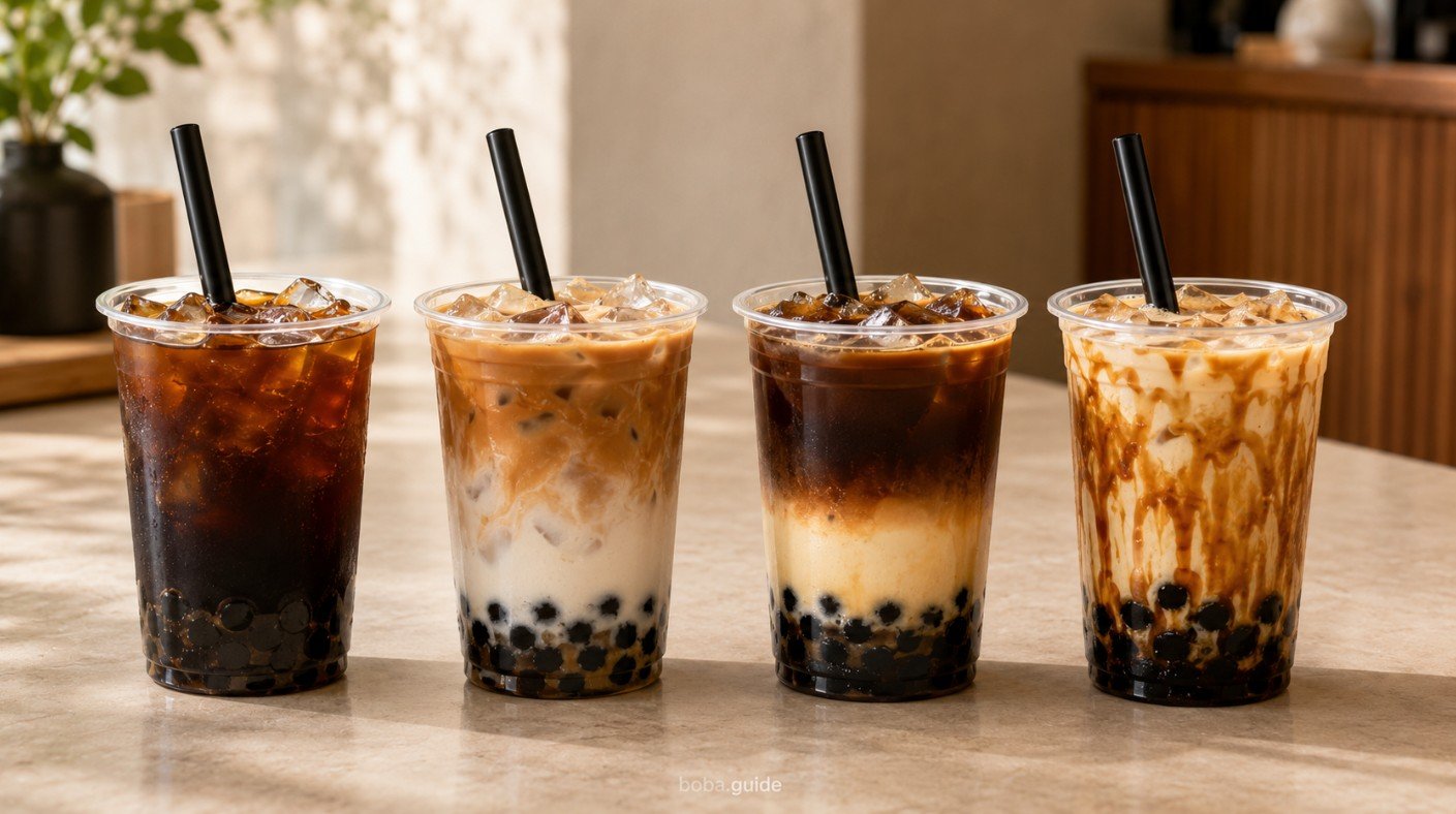 Coffee-inspired boba drinks with tapioca pearls for coffee lovers choosing their first bubble tea