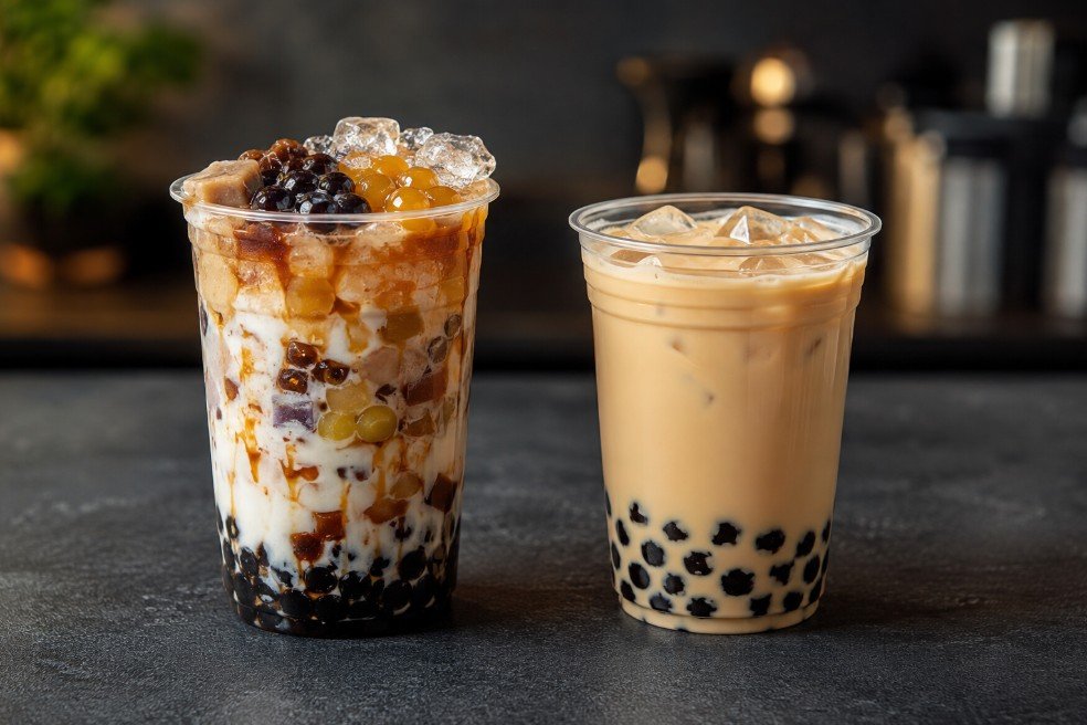 Overloaded boba drink compared with a balanced beginner order
