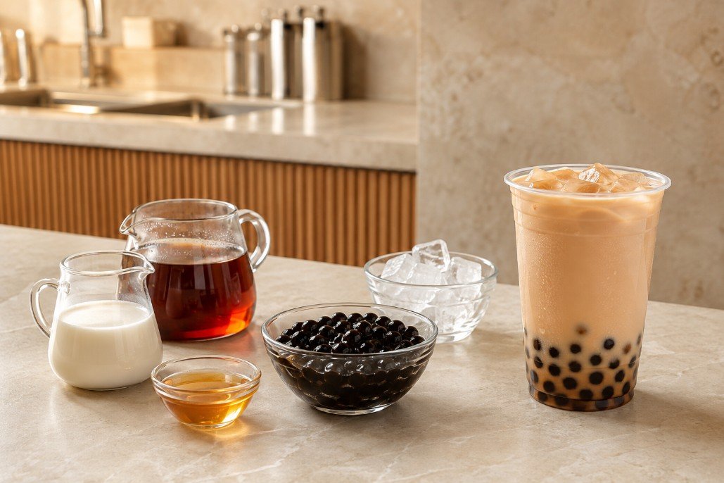 Brewed tea, milk, syrup, ice and cooked tapioca pearls shown beside a finished boba milk tea