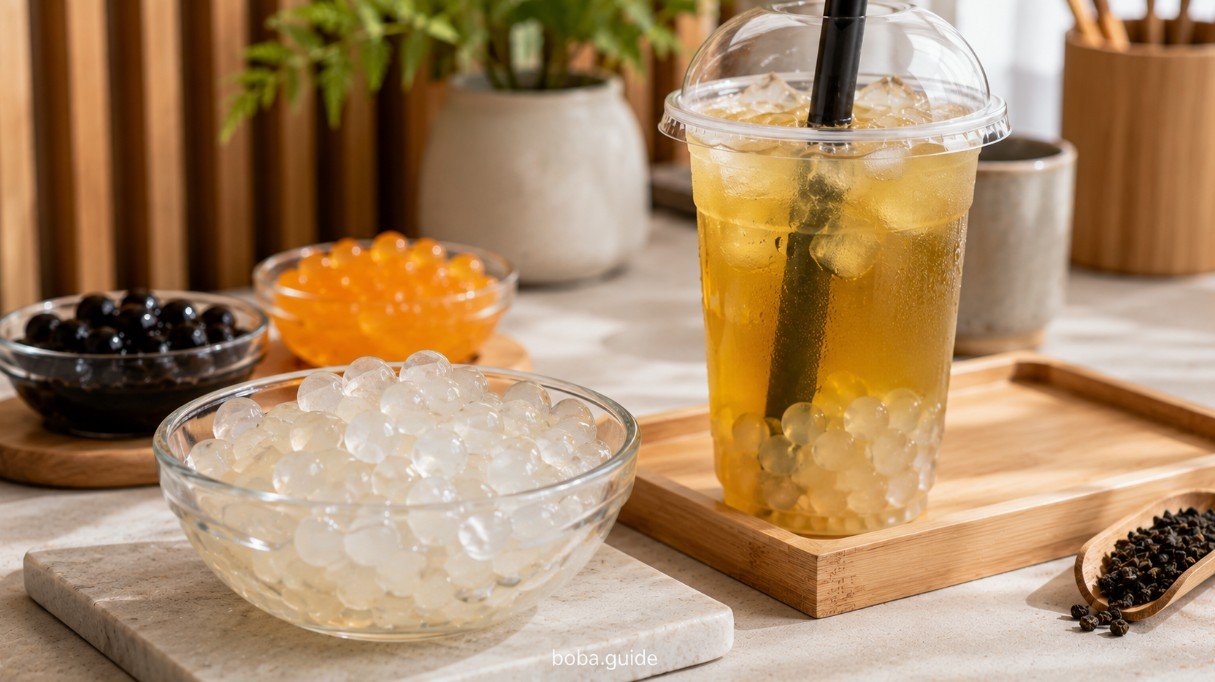 Translucent crystal boba pearls with jasmine fruit tea, black tapioca pearls and popping boba for comparison