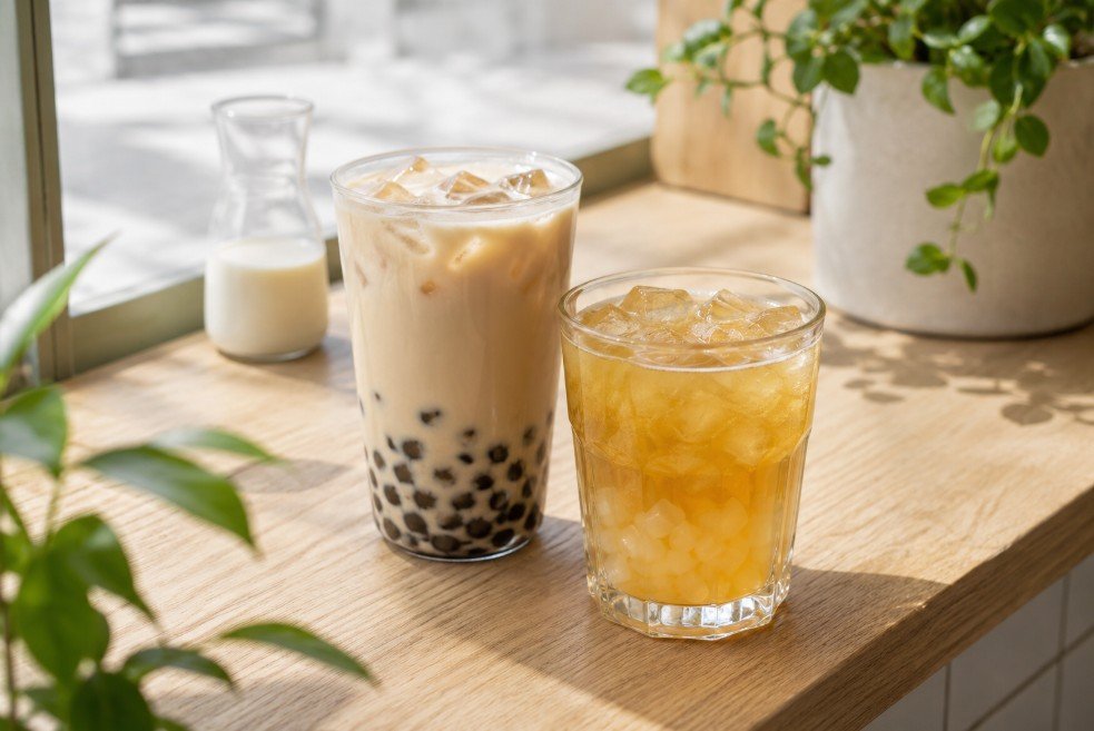 Dairy-free oat milk tea and peach fruit tea with boba toppings