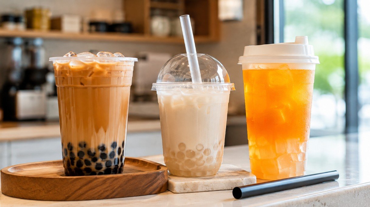Three different boba tea drinks with tapioca pearls, crystal boba, and peach jelly on a modern café counter