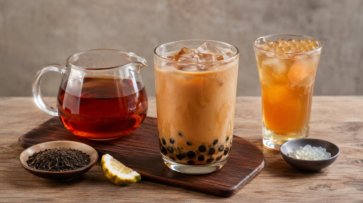 Earl Grey boba with bergamot black tea, milk tea, tapioca pearls and a light fruit tea variation