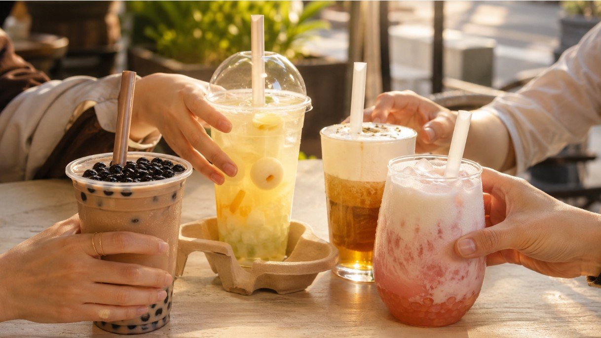 Friends comparing milk tea, fruit tea, oolong tea and fresh milk bubble tea